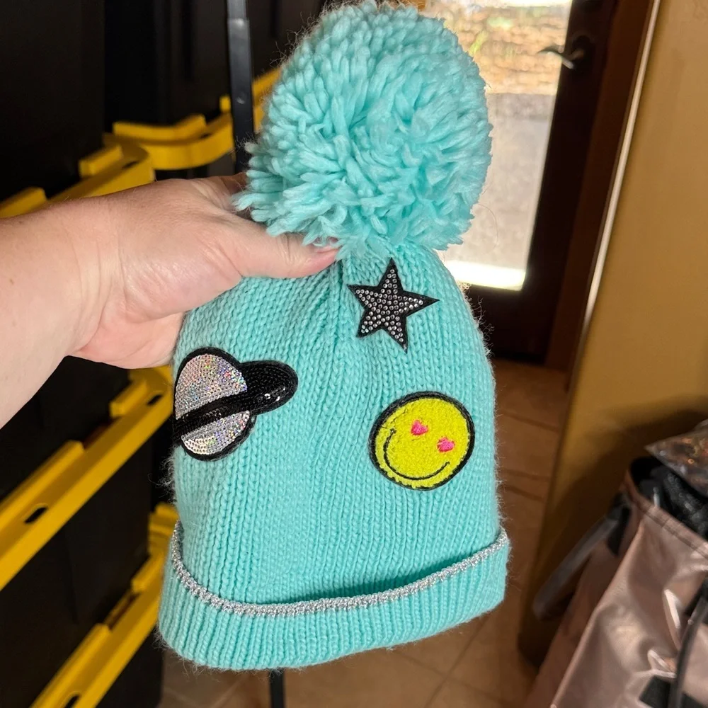 The Children’s Place Turquoise Beanie with Fun Patches Size L / XL Age 8+
